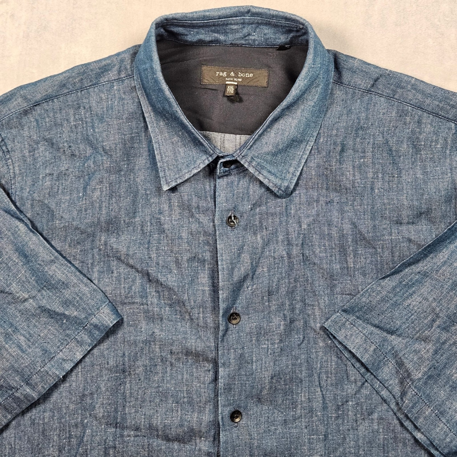 Rag & Bone Shirt Mens Xxl Blue Cotton Linen Chambray Short Sleeve Button Up